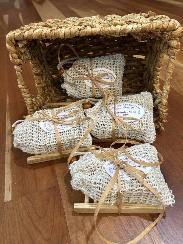 Large size lavender soap with exfoliant bag and soap holder